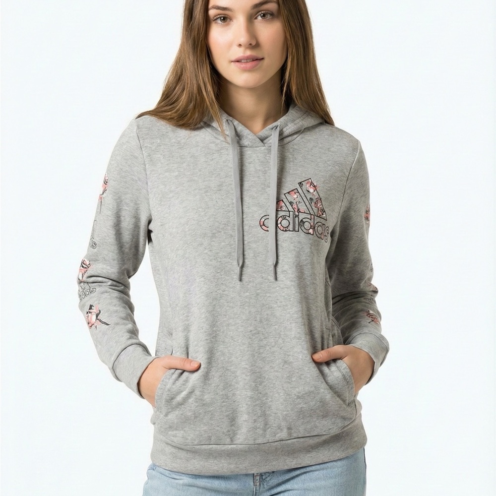 Adidas Women's Light Gray Hoodie with Floral Accents